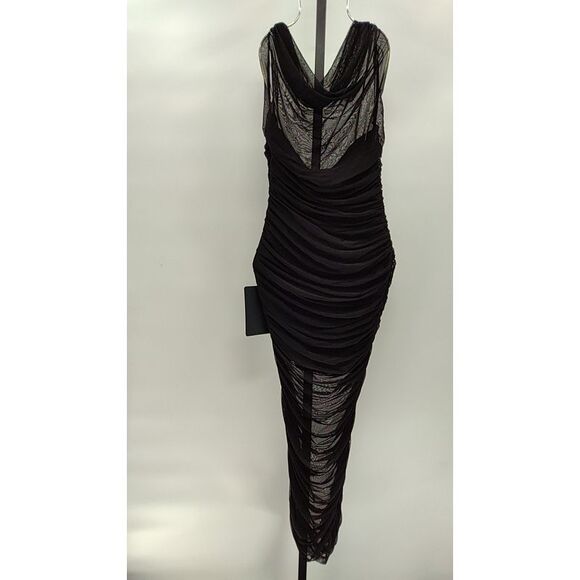 Lulus Sunama Mesh Ruched Bodycon Midi Dress Black Basic Sleeved Medium - Picture 3 of 3